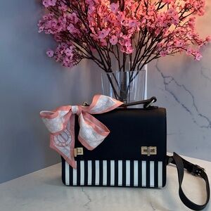 Henri Bendel Brown  and White Crossbody Bag with beautiful Pink scarf Accent